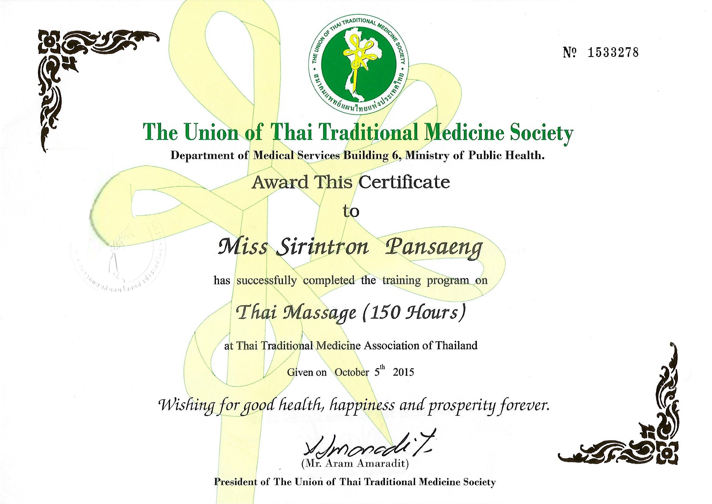 Sirin Thai Massage diplome de maddage en anglais